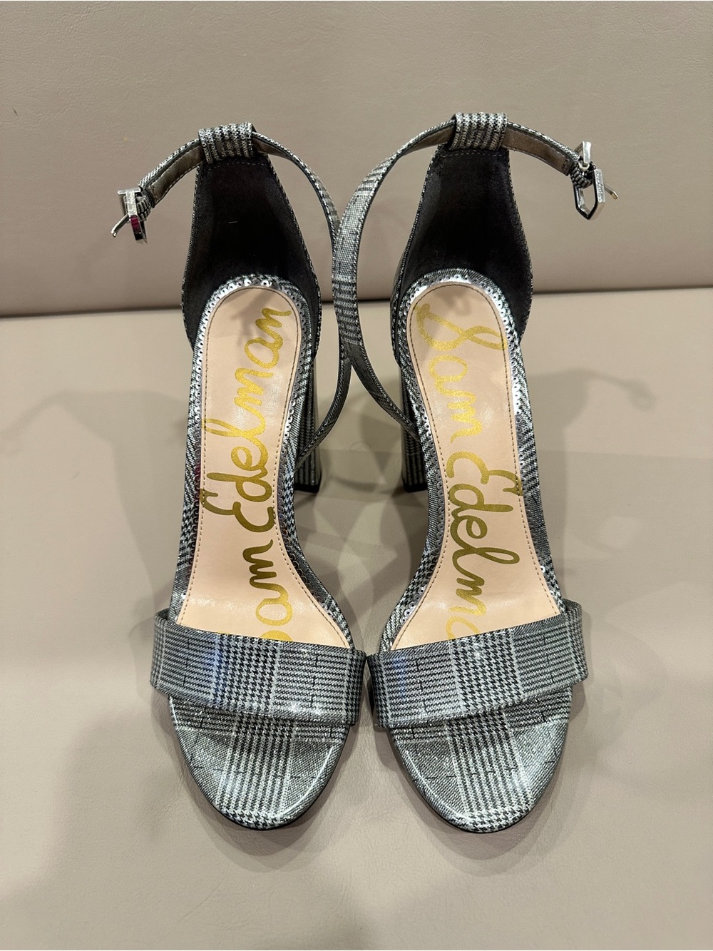 Sam Edelman Gray Plaid Block-Heel Ankle Strap Sandals - Picture 2 of 9